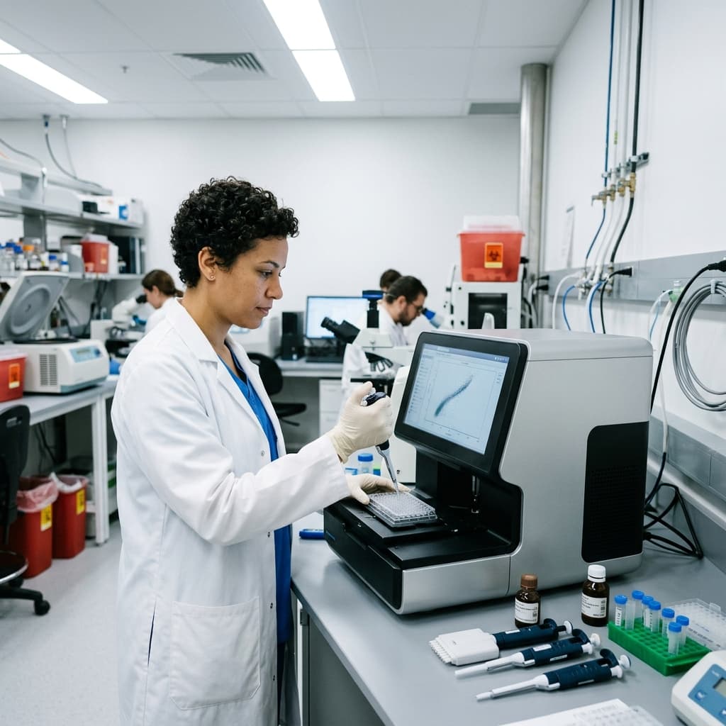 Biomedical researcher working with diagnostic equipment in lab